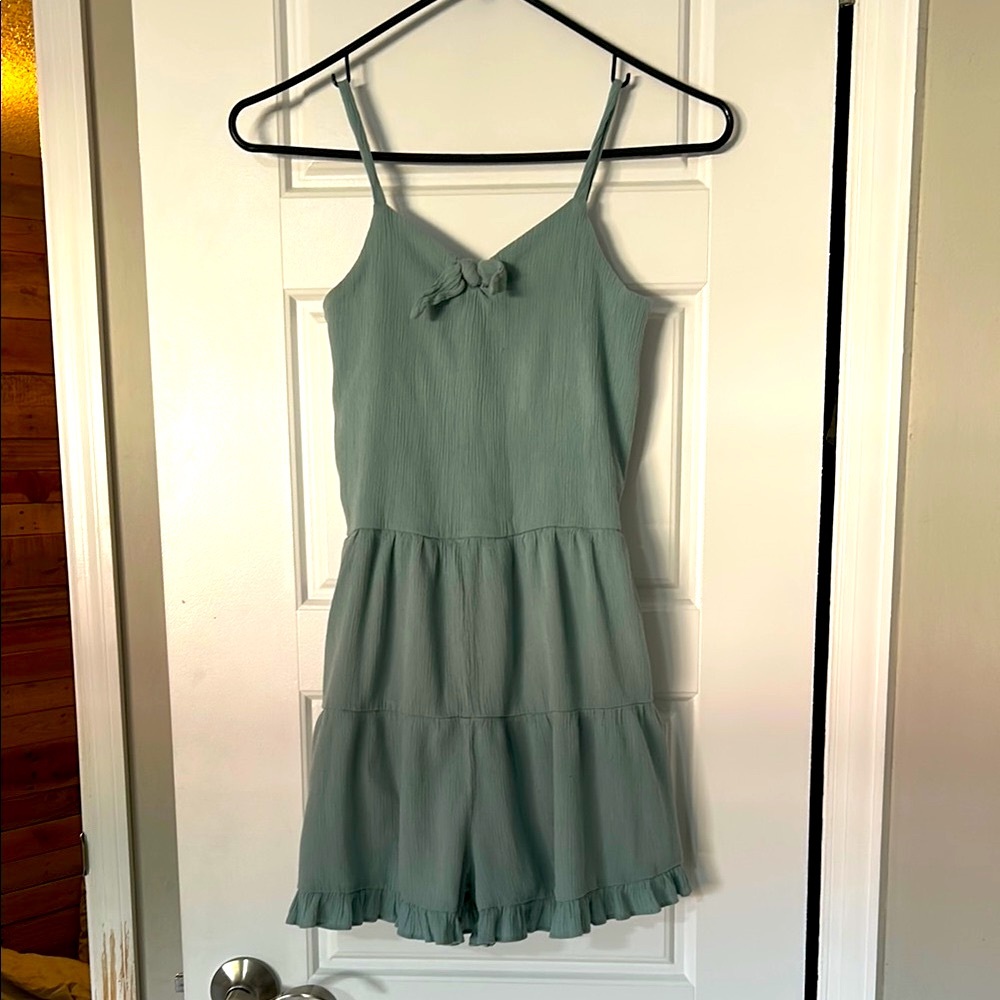 Art Class Greenish Blue Romper with Spaghetti Straps and Ruffled Design